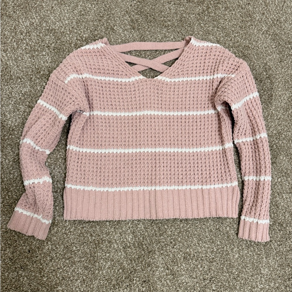 Moral Fiber Pink and White Striped V-Neck Sweater